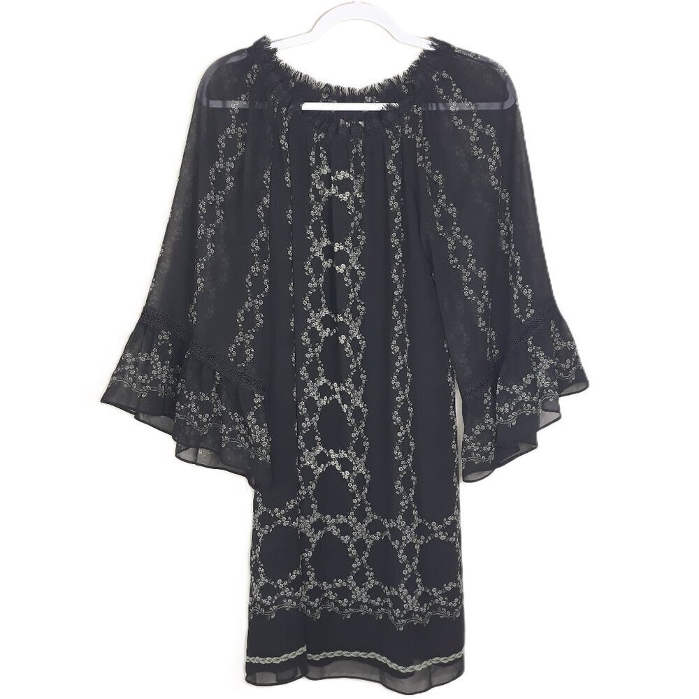 M.S.S.P. Black Floral Fringe Bell Sleeve Dress M Boho Whimsgoth Dark Romantic